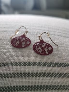 Delicate Red Filigree Tree Drop Earrings - Candy Cane